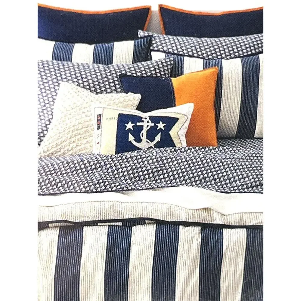 Ralph Lauren Casey King Pillowcases Navy Blue Cream PAIR of 2 Nautical Sails Geo
